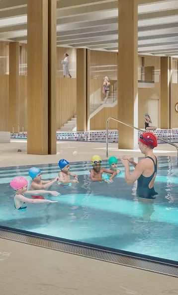 Hero Image Gerenderte Farbansicht eines großzügigen, modernen Hallenbads. In
einem Becken machen fünf Kinder mit einer Frau im Badeanzug
Schwimmübungen.