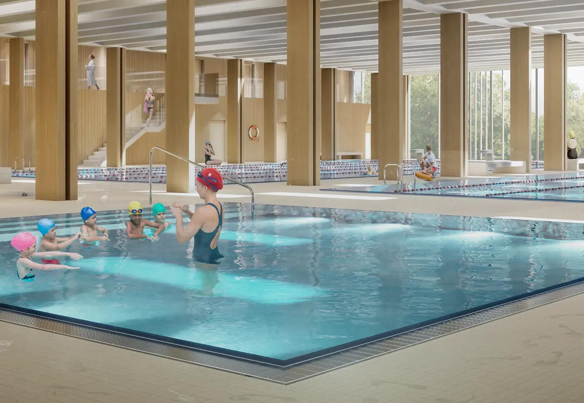 Hero Image Gerenderte Farbansicht eines großzügigen, modernen Hallenbads. In
einem Becken machen fünf Kinder mit einer Frau im Badeanzug
Schwimmübungen.