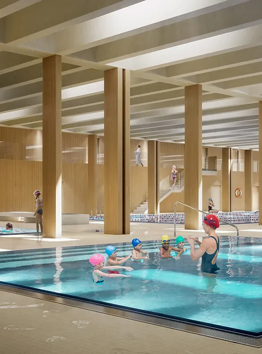 Gerenderte Farbansicht eines großzügigen, modernen Hallenbads. In einem
Becken machen fünf Kinder mit einer Frau im Badeanzug Schwimmübungen.